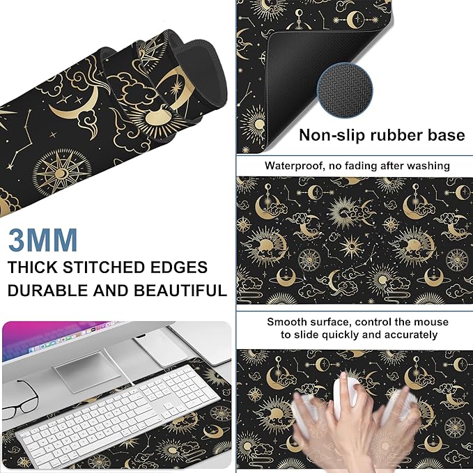 NITAHHHY Gaming Desk Pad Large Extra Length Clouds, Moon and Sun Mouse Pad Keyboard Laptop Non-Slip Waterproof with Rubber Base Thick Stitched Edge Mouse Mat for Office Home 35.4 x 15.7 Inches