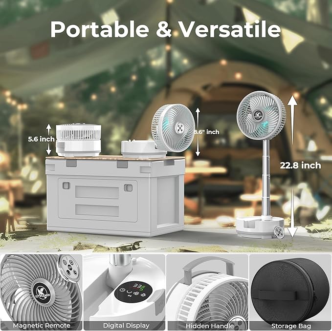 Portable Travel Fan, Foldable Standing Fan for Bedroom, 112H Run & 9 Speeds, Rechargeable Fan With Timer & Remote, Collapsible Oscillating Fan for Travel Cruise Essential Home RV Outdoor Power Outage