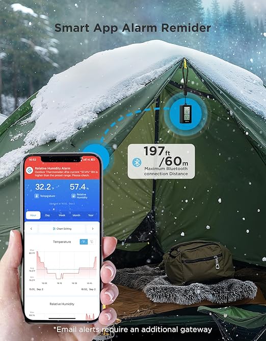 GoveeLife 2-in-1 Indoor Outdoor Thermometer Hygrometer IP65 Waterproof, Digital Display, 197ft Buletooth Range, Notification Alerts, 2 Years Data Storage Export, for Home, Camping, Patio, Greenhouse