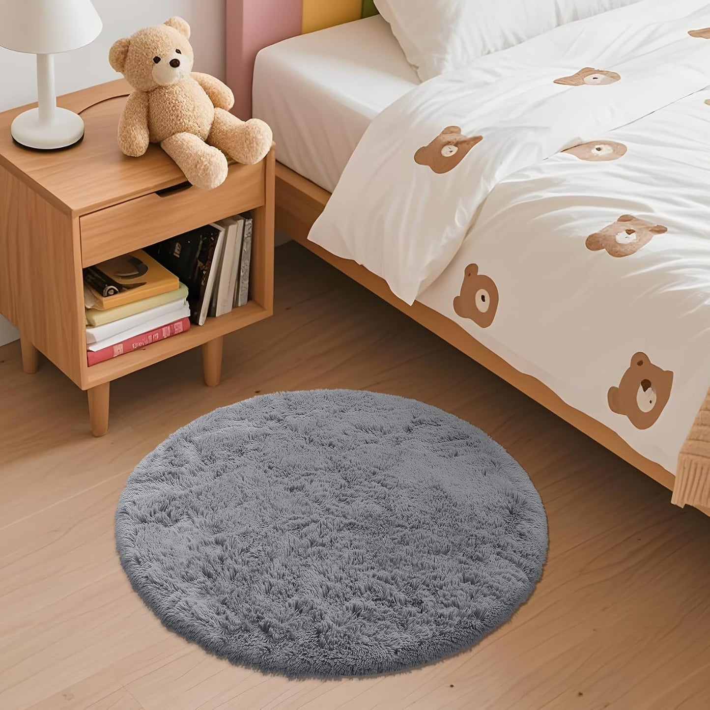 OLANLY Round Light Grey Area Rug - Soft, Fluffy, Machine Washable 2 ft Circle Carpet for Bedroom & Nursery Decor