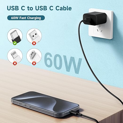 chcela 60W USB C to C Cable [3Pack] iPhone 17 16 15 Fast Charging Cable,10ft Long USB-C to USBC Power Cord for iPhone 17/16/15 Pro Plus Pro Max, MacBook Pro Air/IPad/iPad Pro 12.9/11,AirPods 4(Black)