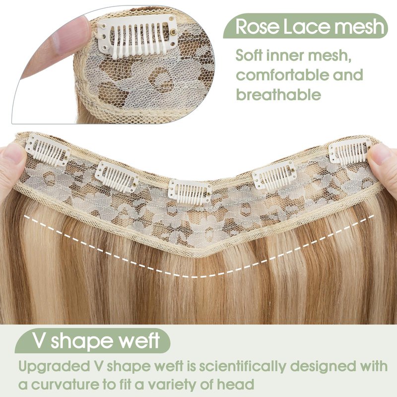 S-noilite One Piece Clip-in Hair Extensions Human Hair Balayage 5 Clips 3/4 Full Head V Part Weft Thicker Hair Lace Net One Piece Hair Extensions (14"-50g, #Golden Brown/Bleach Blonde)