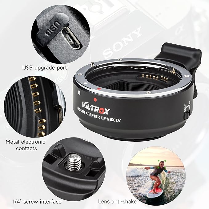 VILTROX EF-NEX IV Lens Adapter, Auto-Focus EF to E Mount Ring Automatic Converter Control Ring Compatible with Canon EF/EF-S Lens to Sony E Mount Camera NEX A9II A7III A9 A7RIII A7RII A7R A7m3