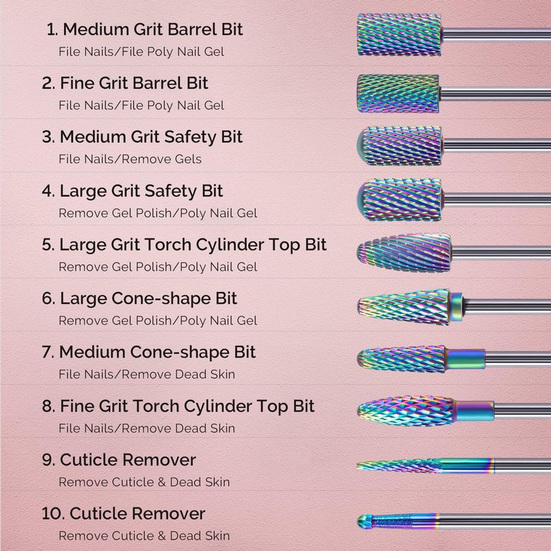 MelodySusie Nail Drill Bits Set, 10pcs Tungsten Carbide Nail Bits for Nail Drill E-file, 3/32 inch Bits Manicure Pedicure Remover Tools for Acrylic Gel Nails, Salon Home Nail Care Supplies, Colorful