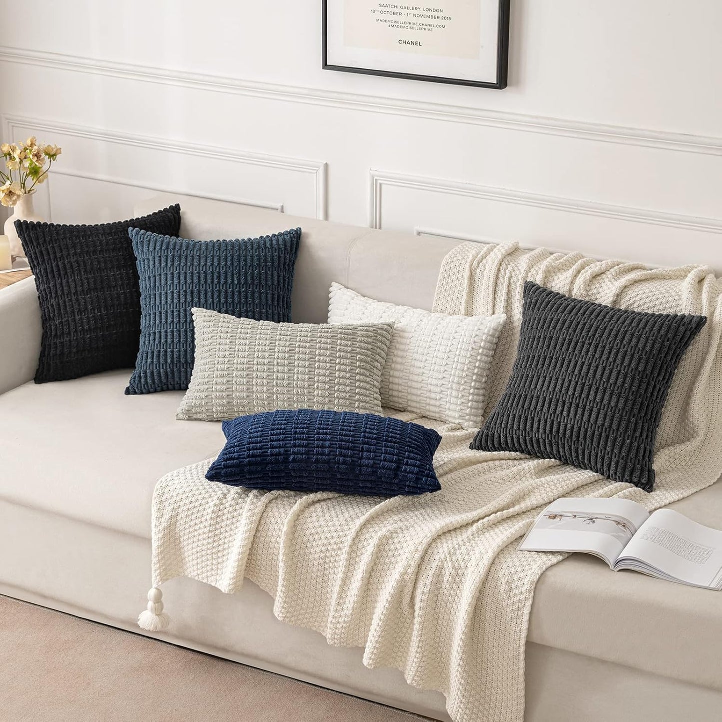 MIULEE Corduroy Throw Pillow Covers - Soft Boho Striped Design | 18x18 Inch Pure White for Modern Home Decor