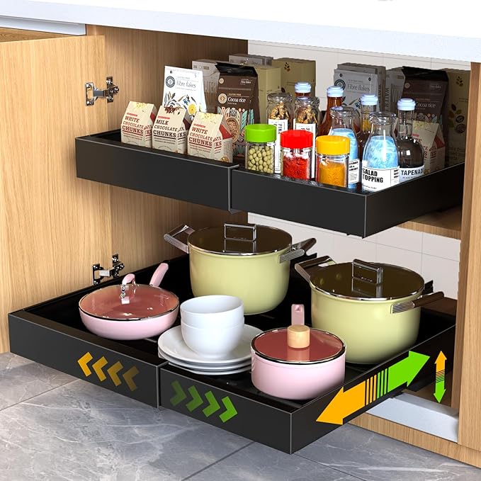 2 Pack Pull Out Cabinet Organizer,21" Deep Slide Out Drawer Organizers,No Drill Pull Out Drawers Adhesive with Nano Compatible Framed Cabinets Shelves for Kitchen Pantry Adjustable Width