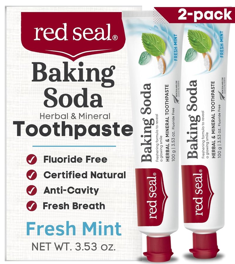 Red Seal Baking Soda Toothpaste - Fluoride-Free Herbal Formula for Dry Mouth Relief | Vegan & Natural (2 Pack)