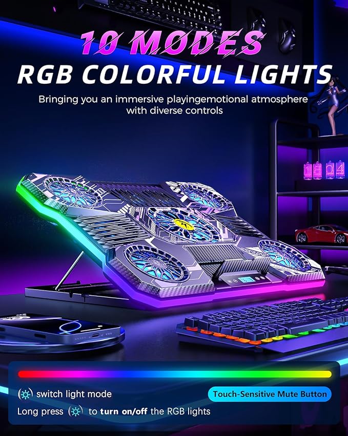 ChillCore RGB Laptop Cooling Pad, Laptop Fan Cooling Pad 9 Fans for 15.6-19.3 Inch Laptops, Gaming Laptop Cooler with 8 Height Stands, 2 USB Ports - A21 Pattern