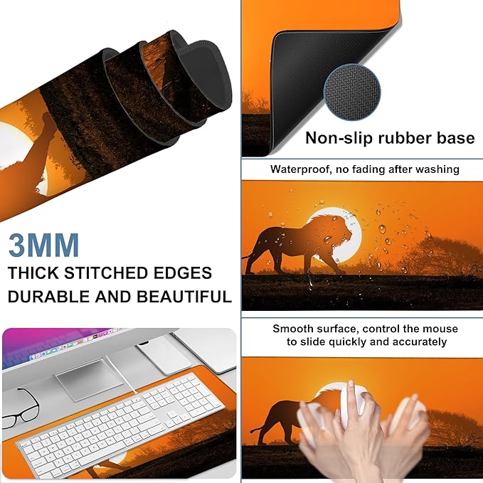 NITAHHHY Large Mouse Pad Lion Silhouette Gaming Desk Pad Computer Keyboard Non-Slip Waterproof Mouse Mat with Rubber Base and Stitched Edges Entertainment Office Writing Desk Mat 35.4 x 15.7 Inches
