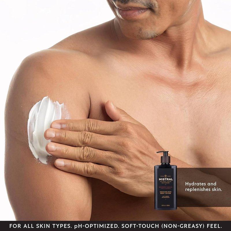 Mistral Bourbon Vanilla Body Lotion for Men - Fast-Absorbing Moisture-Rich Cream with Shea Oil & Squalane | 13.5 fl oz