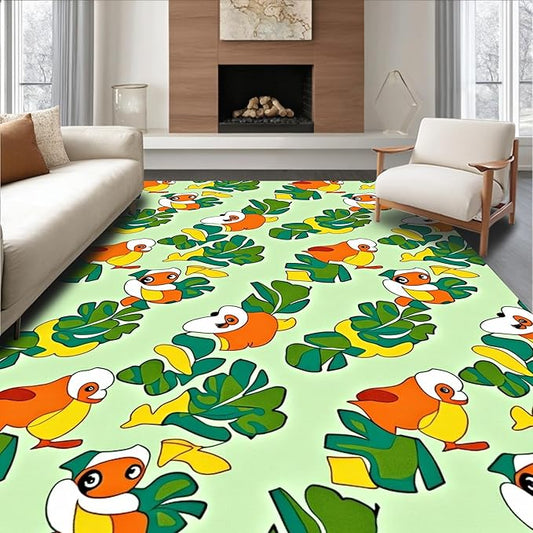 Flatwoven High Traffic Area Rug 4x6, Playful Duckling Adventure with Interlocking Leaf Design, Non Slip, Stain Resistant, Washable Area Rugs for Living Room, Bedroom (Green, 4x6)