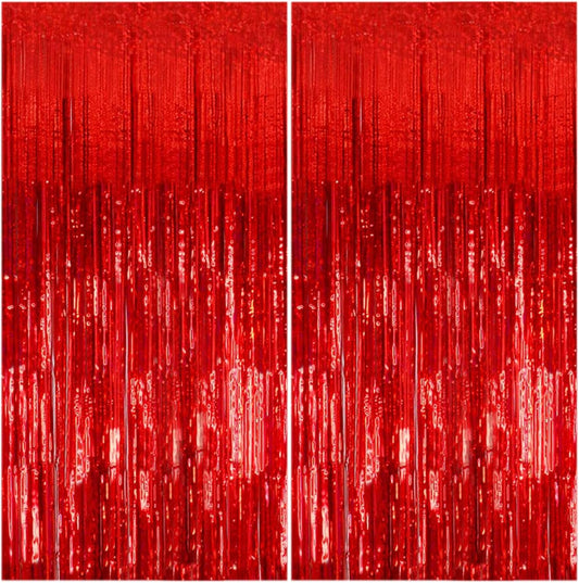 Regine Switzerland Red Metallic Foil Curtain Backdrop - 2 Pack Tinsel Fringe for Parties & Events