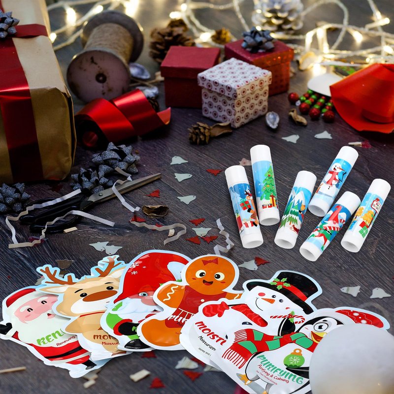 Dansib 48 Pcs Christmas Lip Balm and Facial Masks Gifts Bulk Christmas Stocking Stuffers Lip Balms Favors Skincare Spa Face Sheet Masks Skincare Set Winter Holiday Gifts Supplies for Women Spa Party