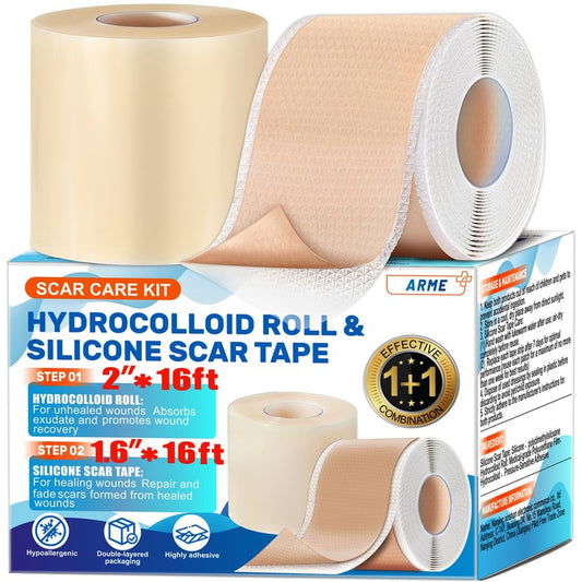 Arme Hydrocolloid Roll for Wound Care, Hydrocolloid Bandages(2in*16ft)&Scar Sheets(2in*16ft) First Aid Kit, Ultra Absorbent Medical Grade Hydrocolloid Tape with Self-Adhesive for Burn Acne Blister