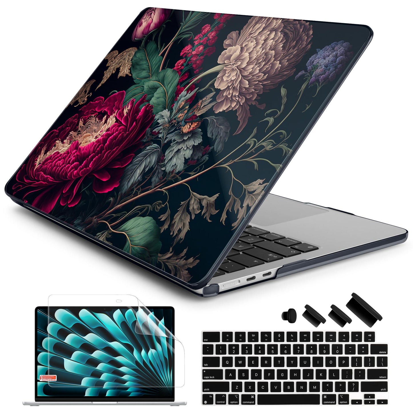 Batianda Premium Case for New MacBook Air 15 inch with M5 M4 M3 M2 Chip 2026 2025 2024 2023 Release, Designed Ultra-Slim Hardshell & Keyboard Cover & Screen Protector 4-in-1 Bundle, Vintage Flower