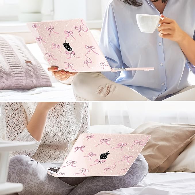 May Chen Case for MacBook Air 13/13.6 inch M5 A3449 M4 A3240 M3 A3113 M2 A2681, 2026 2025 2024-2022, Plastic Hard Shell with Keyboard Cover & Screec Protector, Sakura Pink Glitter Bow