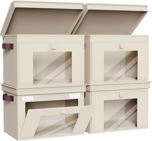 Univivi Storage Bins - Large Foldable Fabric Organizers with Lids & Handles | 4 Pack, Beige (16.5" x 12" x 12")