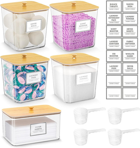 Skiennix Laundry Organization Containers - Clear Storage for Pods & Detergent | Large with Wooden Lids & Labels