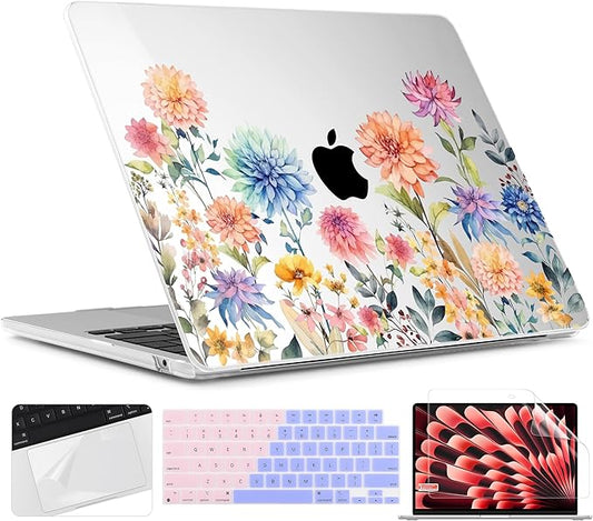 TWOLSKOO for MacBook Air 15 inch Case 2026 2025 2024 2023 Release M5 A3448 M4 A3241 M3 A3114 M2 A2941, Plastic Hard Shell & Screen Protector & Keyboard Cover & Trackpad Film, Beautiful Flowers