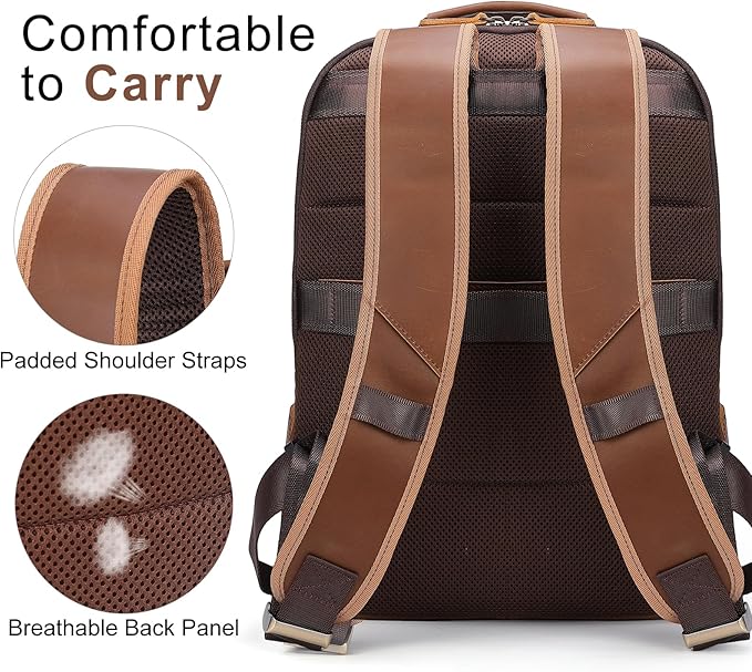 TIDING Leather Backpack for Men Fits 16" 15.6” Laptop, Vintage Business Travel Work Bag Large Overnight Weekender Daypack