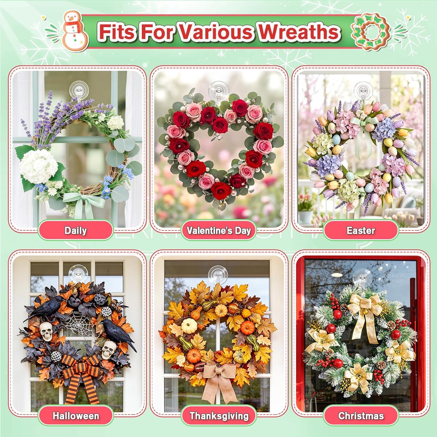 VIS'V Wreath Hanger - Heavy Duty Suction Cup Hooks | 22 LB Capacity, Clear, 2 Pack