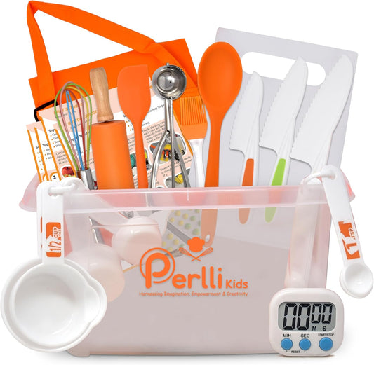 Perlli Kids Cooking Set - 31-Piece Real Utensils Gift for Junior Chefs | Safe Knife Set for Ages 6+ - Orange