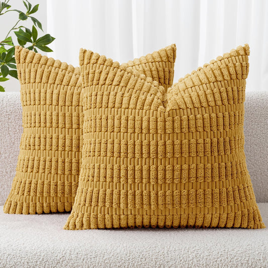 MIULEE Corduroy Throw Pillow Covers - Soft Boho Striped Design | 18x18 Inch Yellow Decor for Sofa & Bed