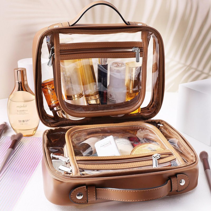 SANHECUN traveling toiletry case clear cosmetics case makeup bag Dimensions | LxWxH:10” x 4.5” x 7.5”(Brown, Medium)