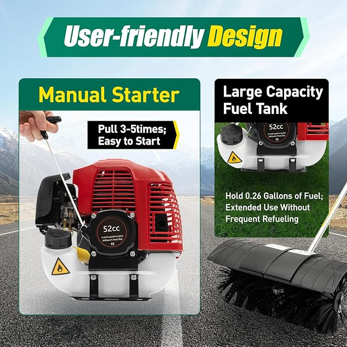2-Stroke 52CC Gas Power Handheld Sweeper, Motor Side-Mounted Sweepers Snowplow Broom Driveway Turf Lawns Artificial Grass Power Brush Lawn Sweeper Cleaner Tools (52CC 1.7HP)
