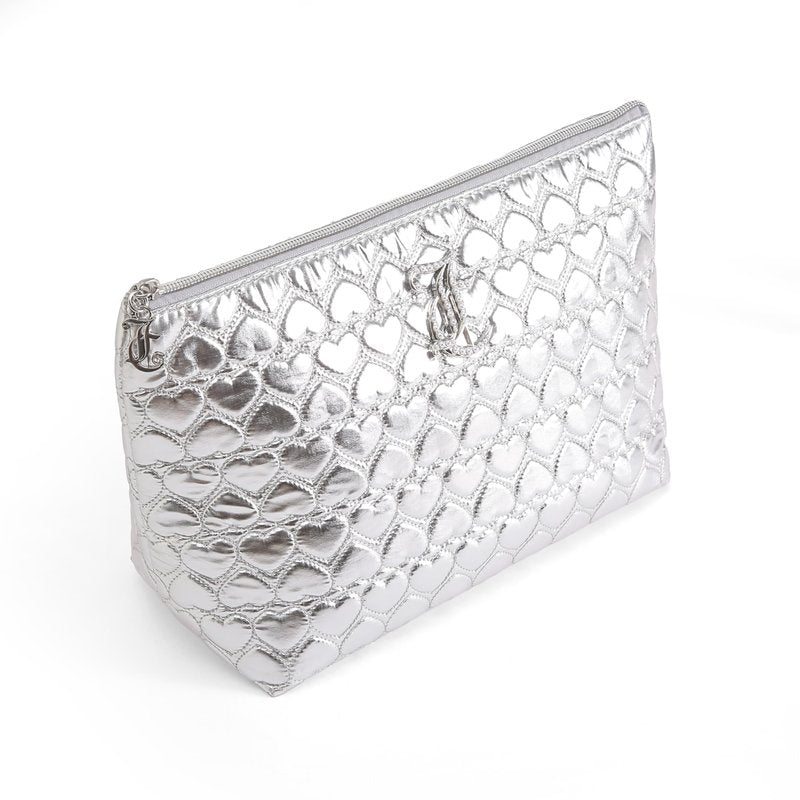 Juicy Couture Silver Makeup Bag Cosmetics Organizer Travel Essentials Top Zip Pouch Shiny Quilted Heart