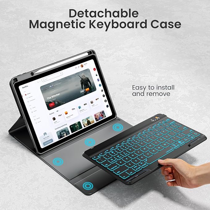 OPAKIT Keyboard Case for iPad Air 5th/4th Pro 11 inch, 7-Color Backlit Detachable Wireless Keyboard Case with Pencil Holder, Stand Folio Cover for Gen 2020/2022, Pro 4th/3rd/2nd/1st Gen, Black