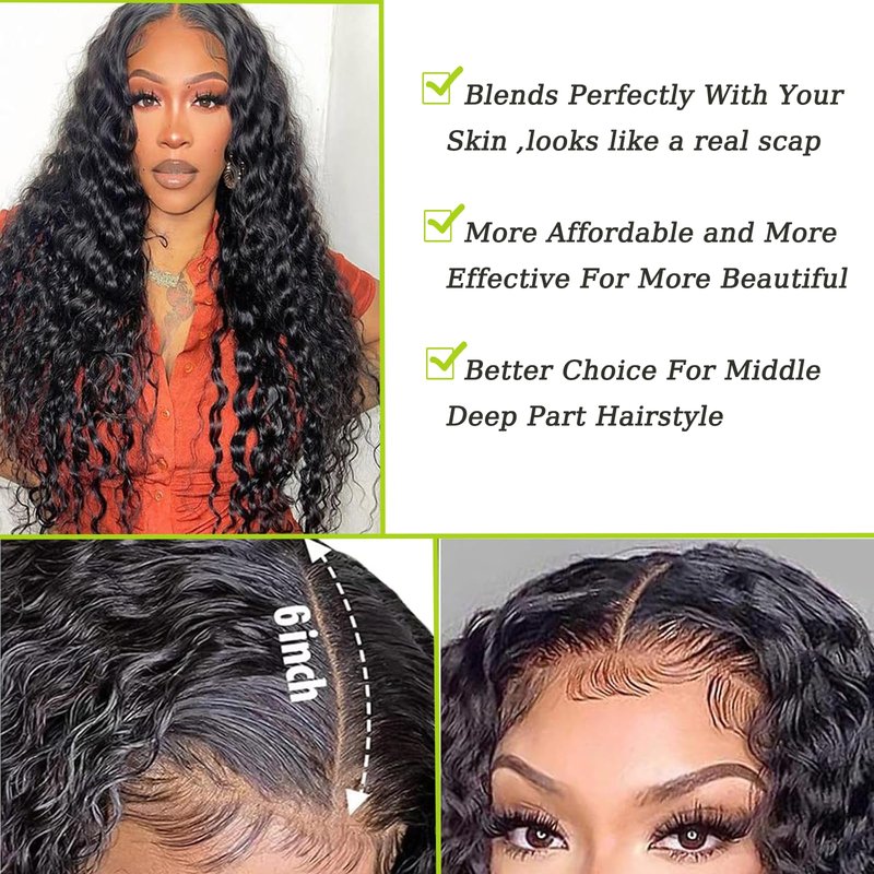 2x6 Deep Wave Closure Brazilian 100% Unprocessed Human Virgin Hair Deep Wave Hd 2x6 Lace Closure Natural Hairline With Baby Hair Wet And Wavy Color Black 16 Inch