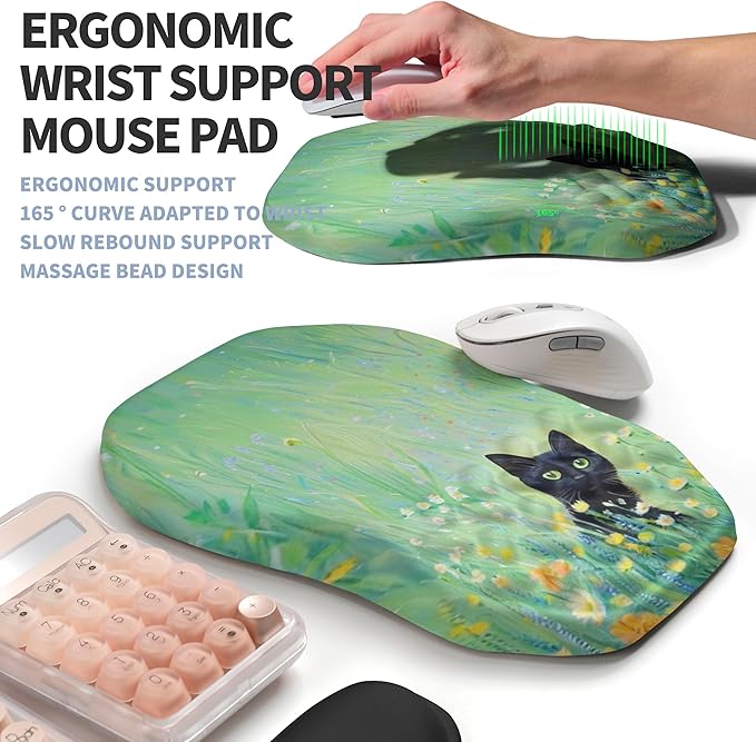 Gleamtide 2-in-1 Ergonomic Set, Wave Keyboard Wrist Rest and Massage Slope Mouse Pad Wrist Support, Rebound Memory Foam for Relieve Carpal Tunnel Syndrome and Wrist Pain (Oil Painting Cats)