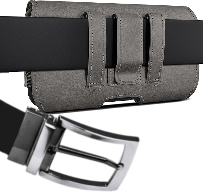 DeBin Holster for Large iPhone Plus, Pro Max Models 17 16 15 14 13 12 11 Xs Max – Leather Cell Phone Belt Holder Case with Clip, Carrying Pouch Cover Fits Phone with Case on, Pewter