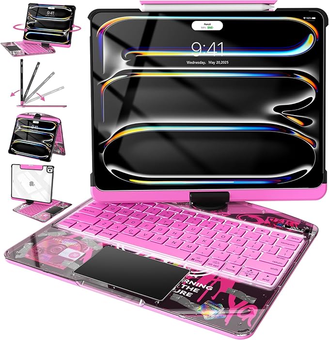 Intermerge Clear Keyboard Case for iPad Pro 13"(M5,2025/ M4,2024), 360° Swivel Multi-Touch Trackpad, 7-Color RGB Backlit, Pencil Holder, Type-C, Power Indicator, Blush Pulse