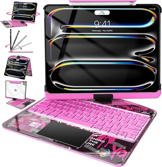 Intermerge Clear Keyboard Case for iPad Pro 13"(M5,2025/ M4,2024), 360° Swivel Multi-Touch Trackpad, 7-Color RGB Backlit, Pencil Holder, Type-C, Power Indicator, Blush Pulse