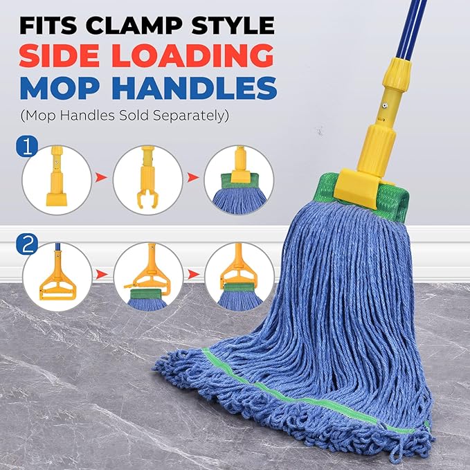 Onesimus 28 oz Heavy Duty Mop Head Replacement, 5 Inch Headband for Quick Change Handle, Blue Loop-End Cotton Blend String Wet Dry Floor Mop Refill Commercial Cleaning Supplies, 3 Pack X-Large
