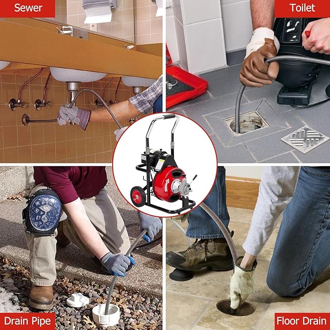 75Ft x 3/8Inch Drain Cleaner Machine, Portable Electric Drain Auger Cleaner with 6 Cutters & Gloves, Drain Cleaning Machine Fits 1" to 4" Pipes