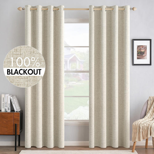 MIULEE 100% Blackout Linen Textured Curtains - Solid Thermal Insulated Cream Drapes | 52 x 84 Inch (2 Panels)