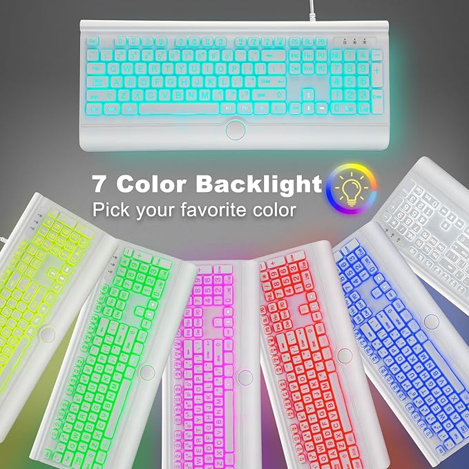 KOPJIPPOM USB Wired Keyboard with Large Print Backlit Keys, 7 Color LED Backlight, Ergonomic Wrist Rest, Spill-Resistant Design, Full-Size Computer Keyboard with Number Pad, for PC Desktop Laptop