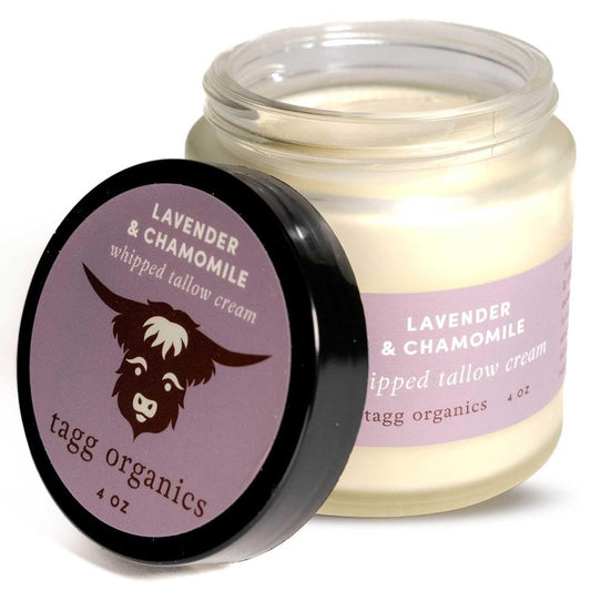 TAGG ORGANICS Whipped Tallow Cream for Skin - 100% Organic & Chemical-Free - Deep, Long-Lasting Hydration & Nourishment for Dry & Sensitive Skin (Lavender & Chamomile 4oz)