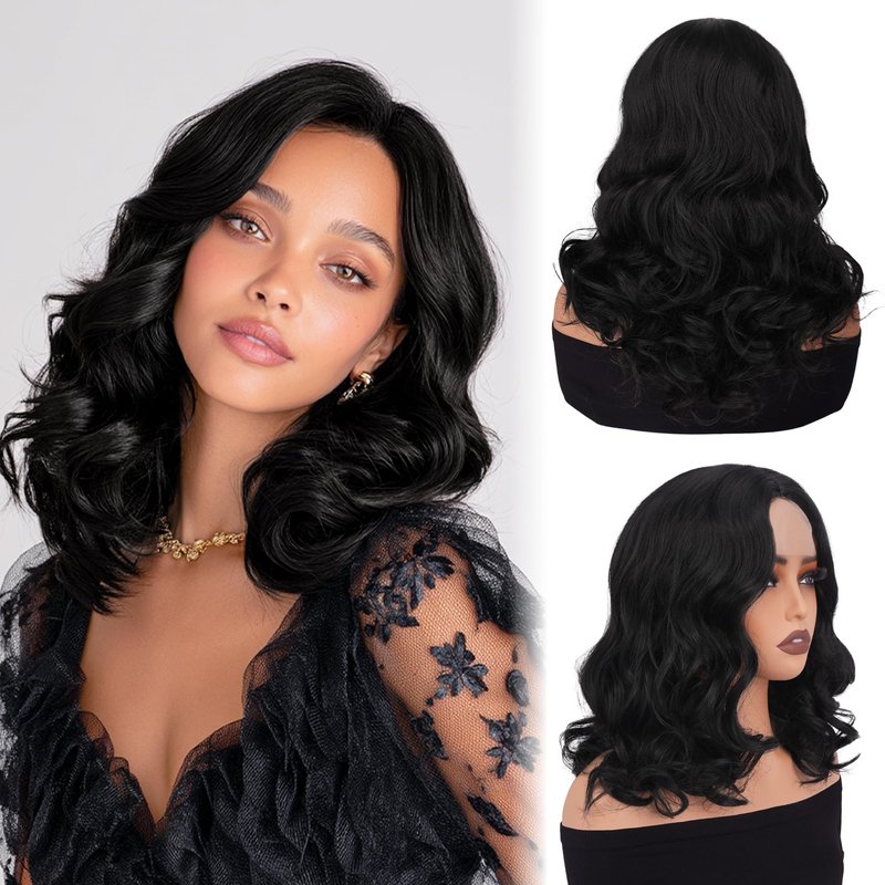Sidaila Wigs for Women，Synthetic Lace Hairline Heat Resistant Body Wave Wig，14 Inch Shoulder Length Bob Style Wig Layered Natural Curly Hair Wigs for Women for Daily Party Use - 1B# Black