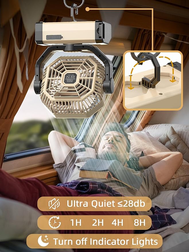 Orteen Camping Fan Rechargeable - 9-Inch Battery Powered Fan, 24000mAh(60Hrs) Battery Operated for Camping, Auto Oscillation Cordless, Tent Fan with Remote/Light, 4 Speeds, 4 Timing, Outdoor