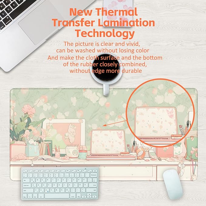 KOAIWPAE Desk Pad, Kawaii Anime Style Desk Mat, Green Cute Desktop Large Gaming Mouse Pad for Desk, 31.5"x15.7" Extended Big Computer Keyboard Mouse Pad with Non-Slip Base and Stitched Edge