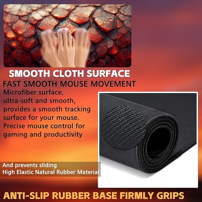 KOAIWPAE Desk Mat, Red Fire Dragon Scales Desk Pad, Cool Dragon Large Gaming Mouse Pad for Desk, 31.5"x15.7" Extended Big Computer Keyboard Mouse Pad with Non-Slip Base and Stitched Edge