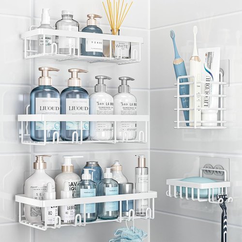 Liuoud Shower Caddy Organizer - Rustproof Stainless Steel Wall Storage Basket Set | 5 Pack, White