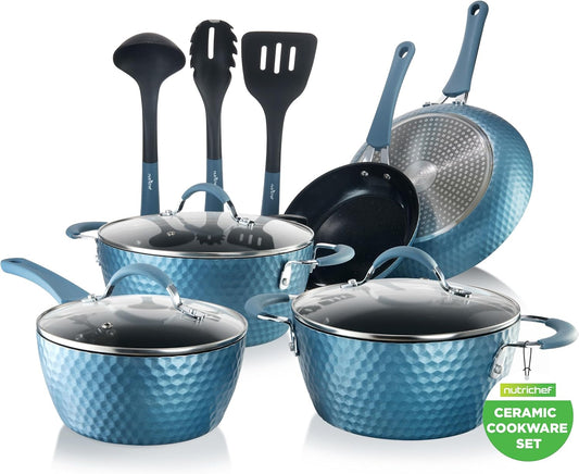 NutriChef 11-Piece Non-Stick Cookware Set - Ceramic Coating, Ergonomic Handles, Induction Ready | Royal Blue