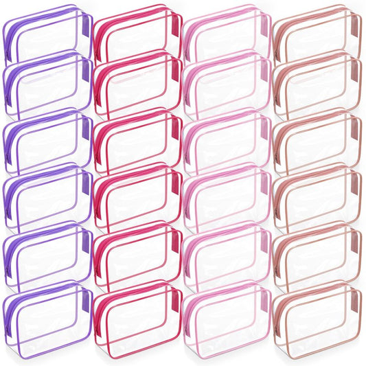 SilTriangle 24 Pack Clear Makeup Bags Bulk Cosmetic Storage Bag Waterproof PVC Pouch with Zipper for Travel Organizer Plastic Toiletries Case for Women Traveling Bathroom, 7"x 4.7"x 2.4" (Pink)