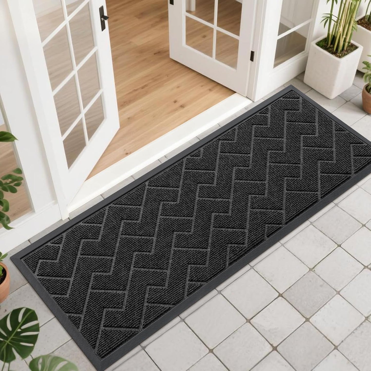 OLANLY Waterproof Front Door Mat - All-Season, Sturdy Natural Rubber, Low Profile, Herringbone Brick (Black, 47x17)