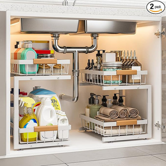 Under Sink Organizer, 2 Pack 2 Tier Expandable Height Under-Sink Bathroom Kitchen Organizers And Storage